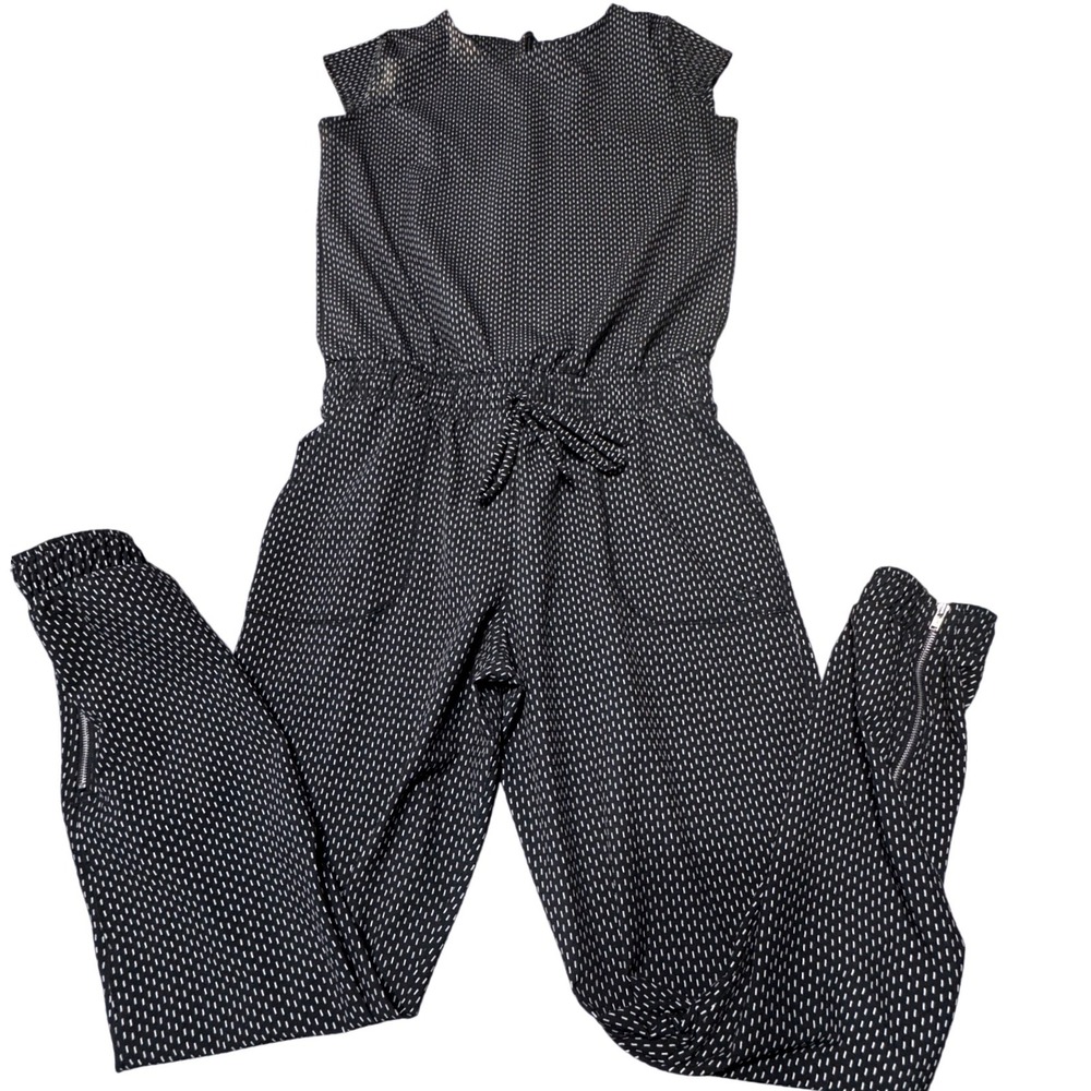 Albion Fit Jumpsuit Womens XS Dash Print Black White Tie Waist Ankle Zip Romper
